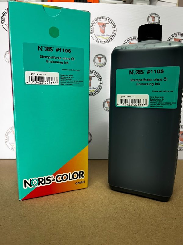One litre bottle of Noris-Color 110S endorsing ink with its box