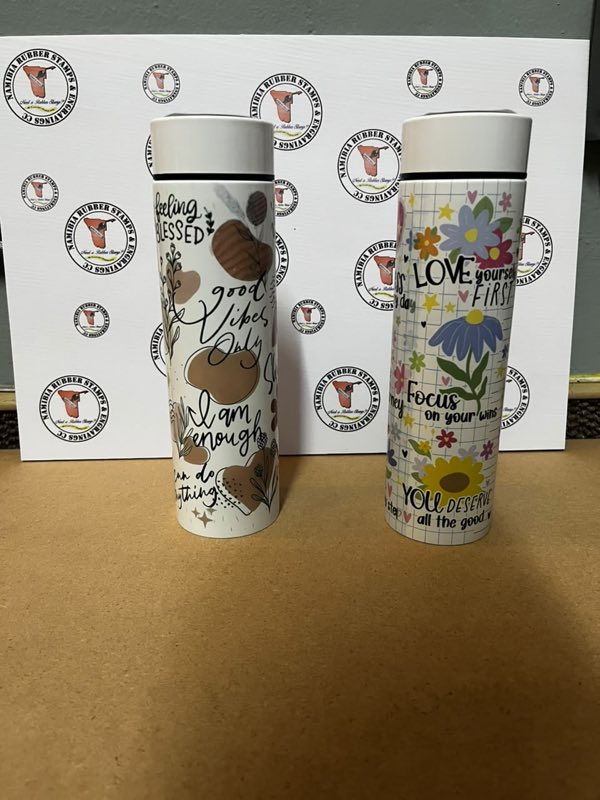 Two 450ml thermal flasks printed with full-colour wrap-around designs