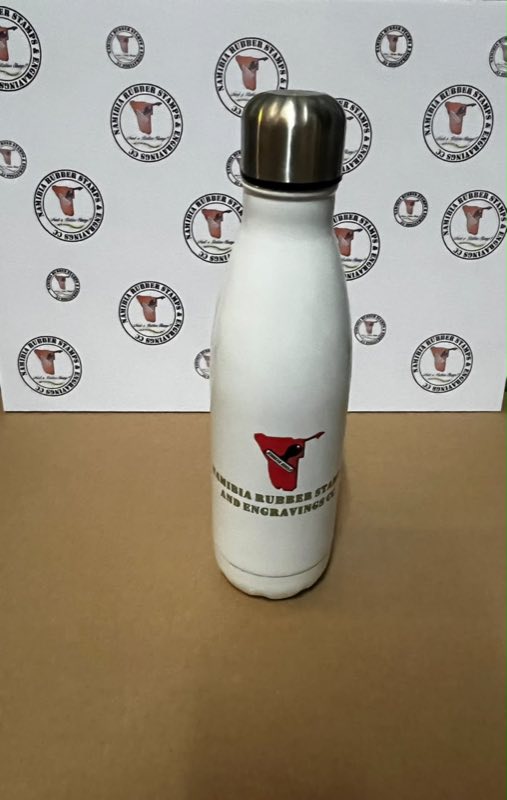 White 750ml stainless steel water bottle printed with the company logo