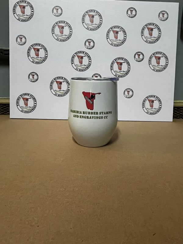 White 350ml insulated wine tumbler printed with the company logo